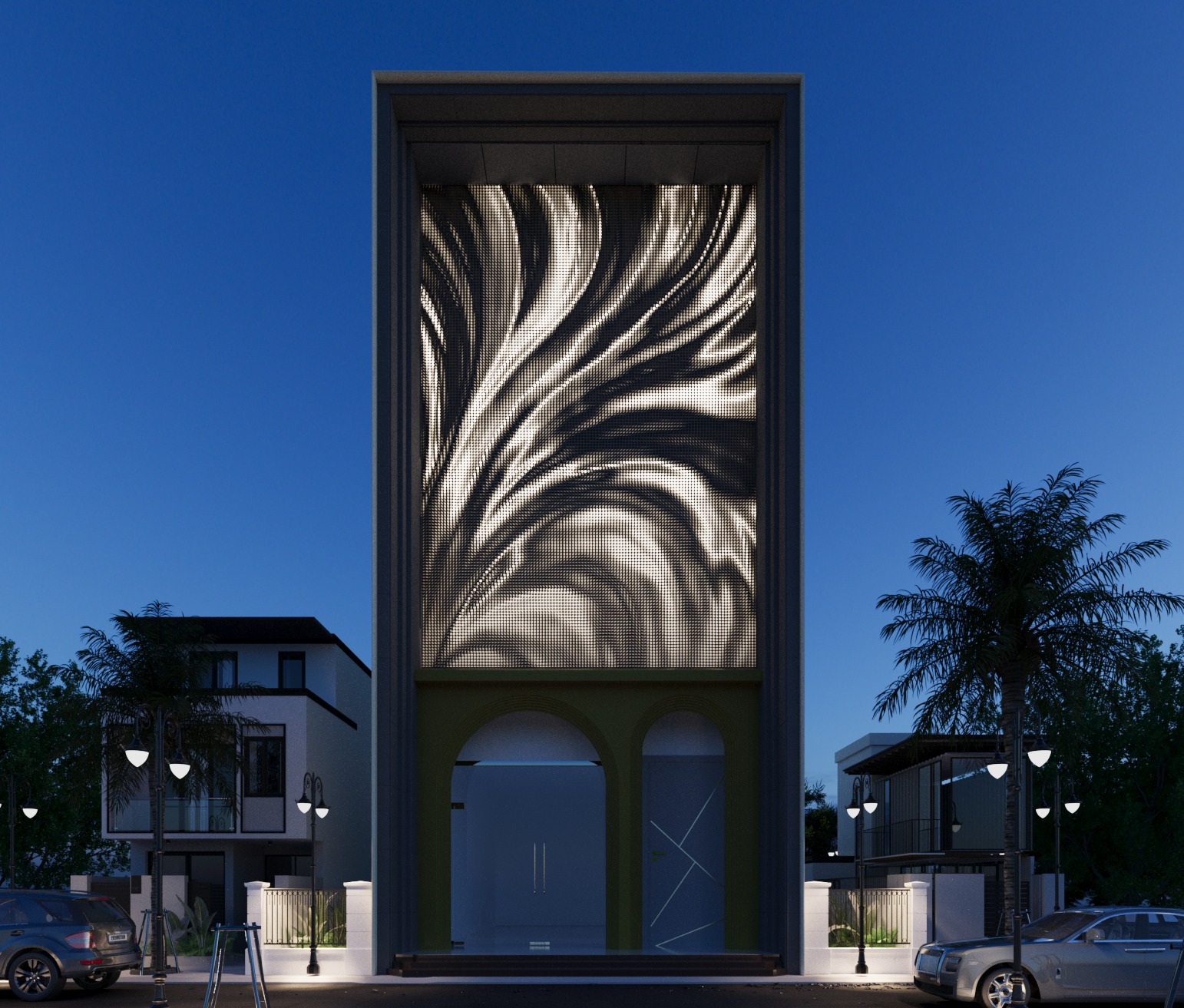 Pyramid-shaped building against clear blue sky